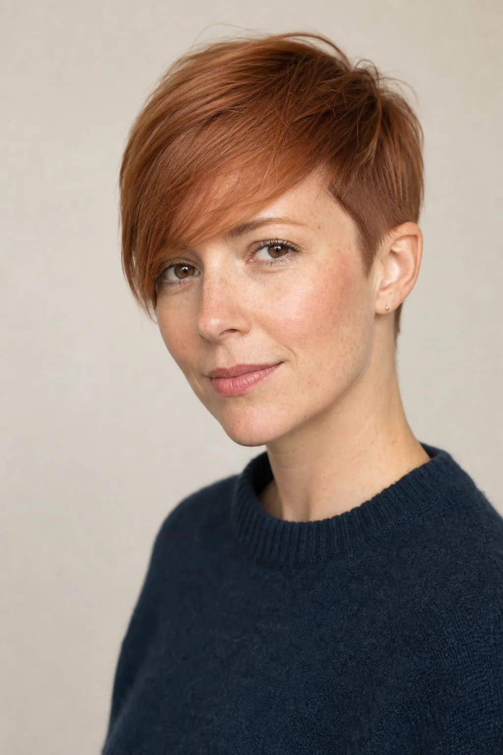 Pixie with a long side-swept fringe over a hidden side undercut on fine auburn hair