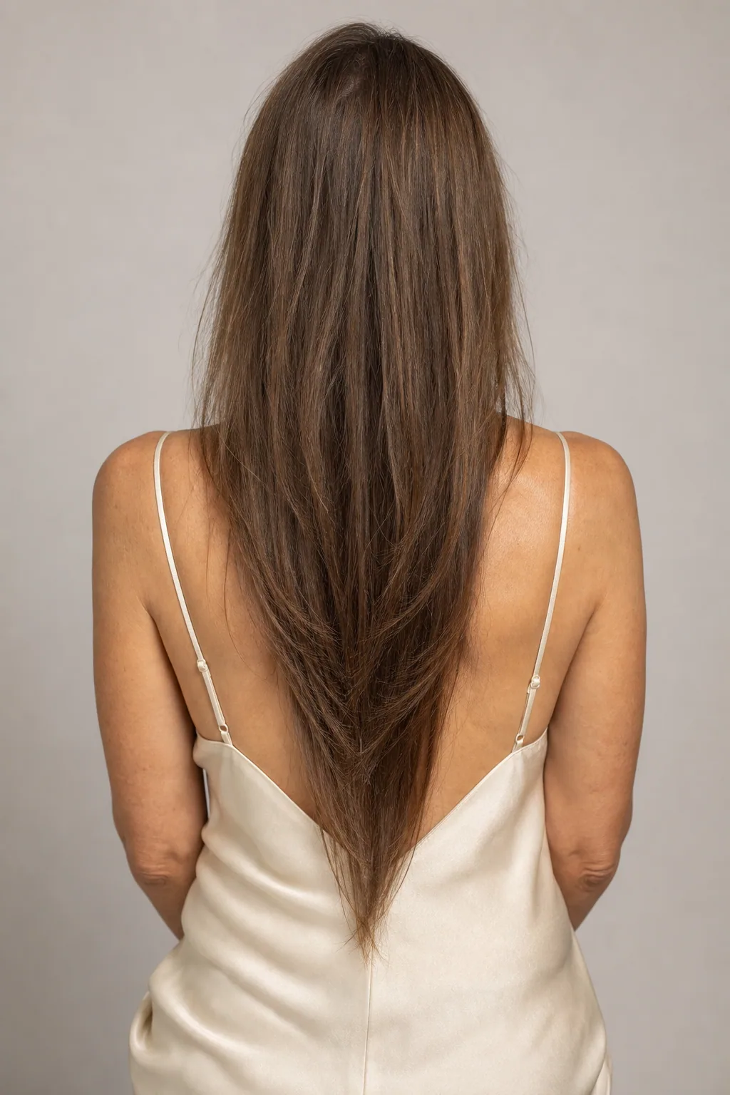 Long hair with a V-cut pointed hemline and long layers on fine hair