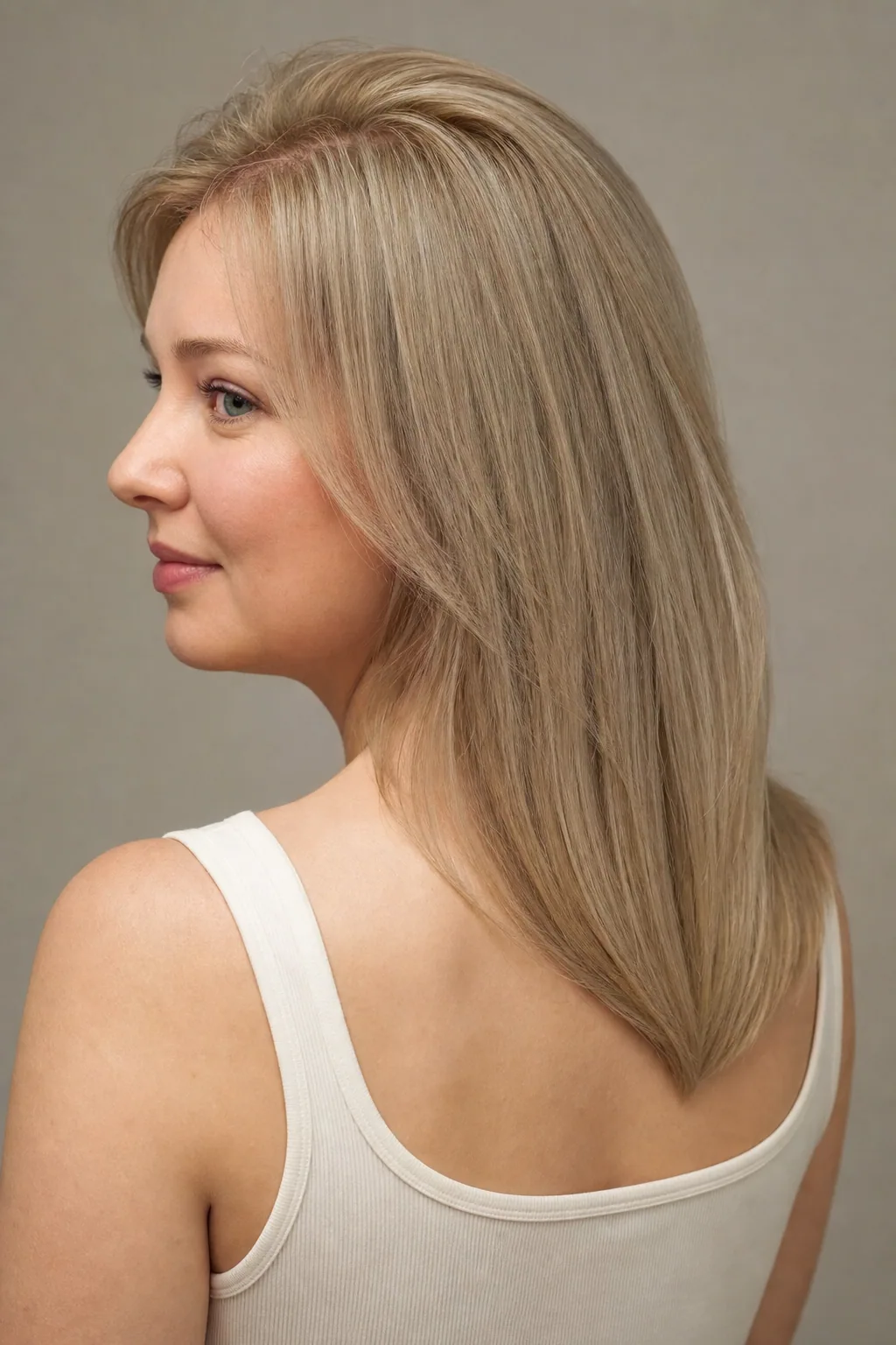 Mid-length cut with a soft V-shaped perimeter and crown lift on fine straight ash-blonde hair, woman with a round face