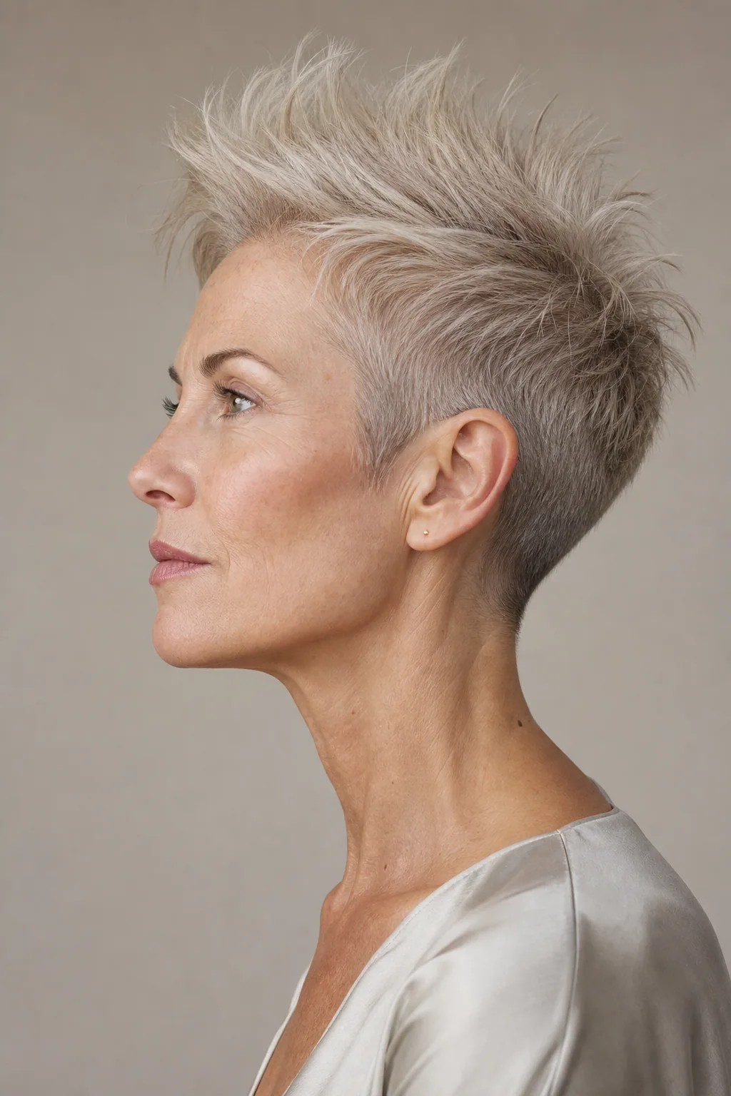 Fine hair in a very short crop with high crown volume and close sides on a long face, side profile