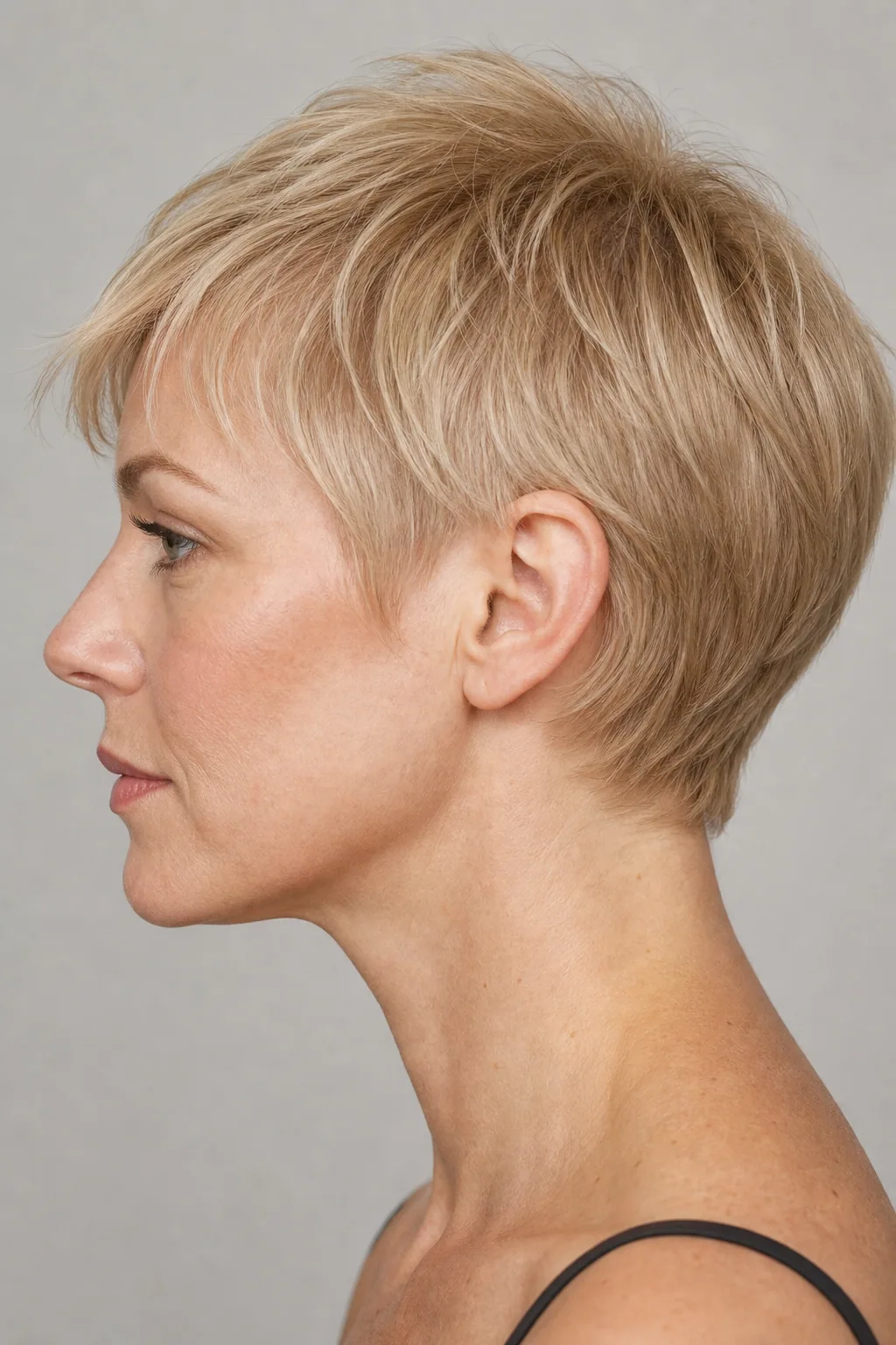 Very short crop with slightly longer crown for height, fine blonde hair, profile view showing rounded back silhouette