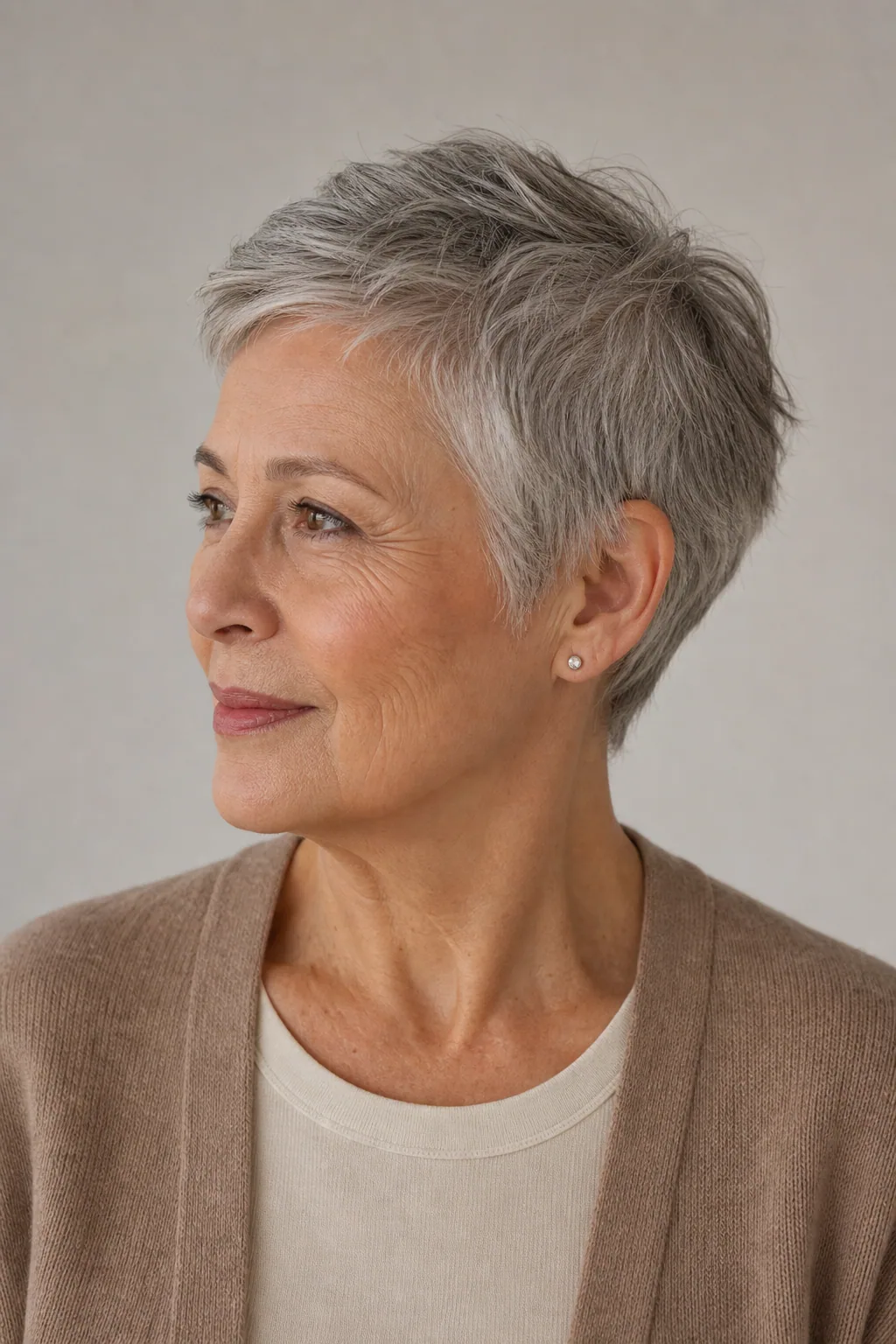 Very short pixie with a feathered nape on fine salt-and-pepper hair over 60