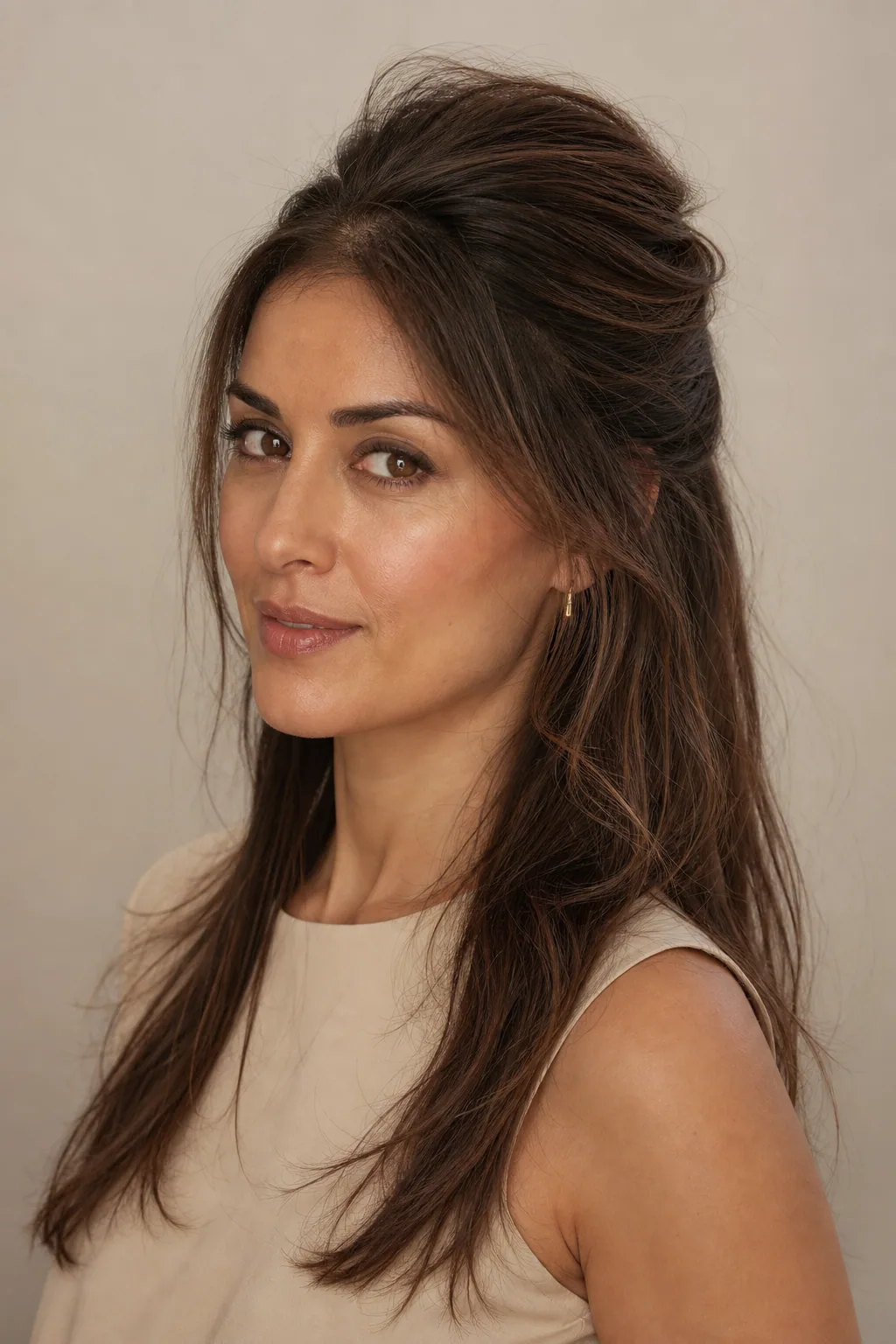 Voluminous half-up style with a teased crown adding height to long fine hair