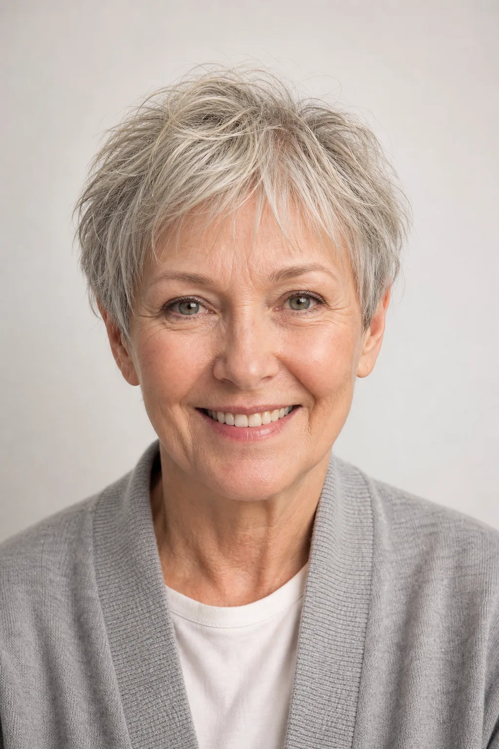 Wash-and-go pixie with a finger-tousled finish on fine ash-blond and gray hair over 60