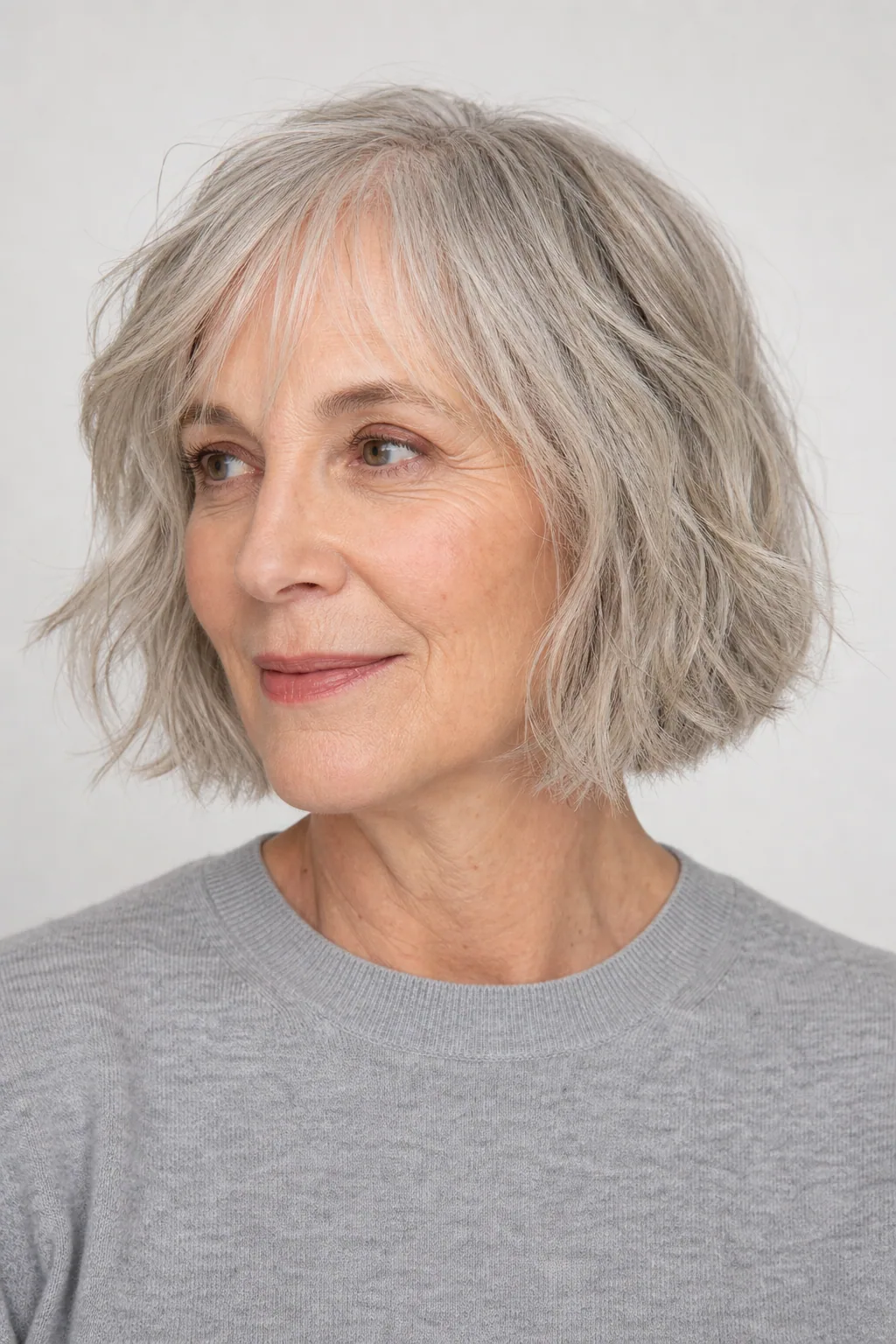 Air-dried shaggy bob on fine light-grey hair over 60