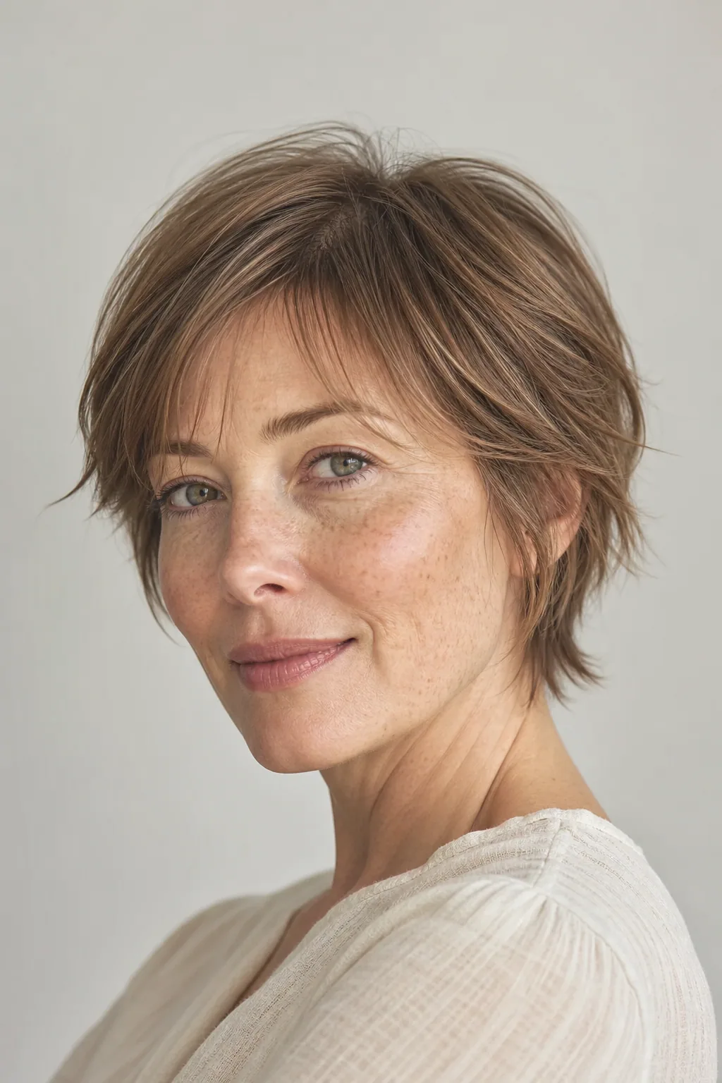 Wash-and-wear bixie air-dried into soft natural layers on fine hair