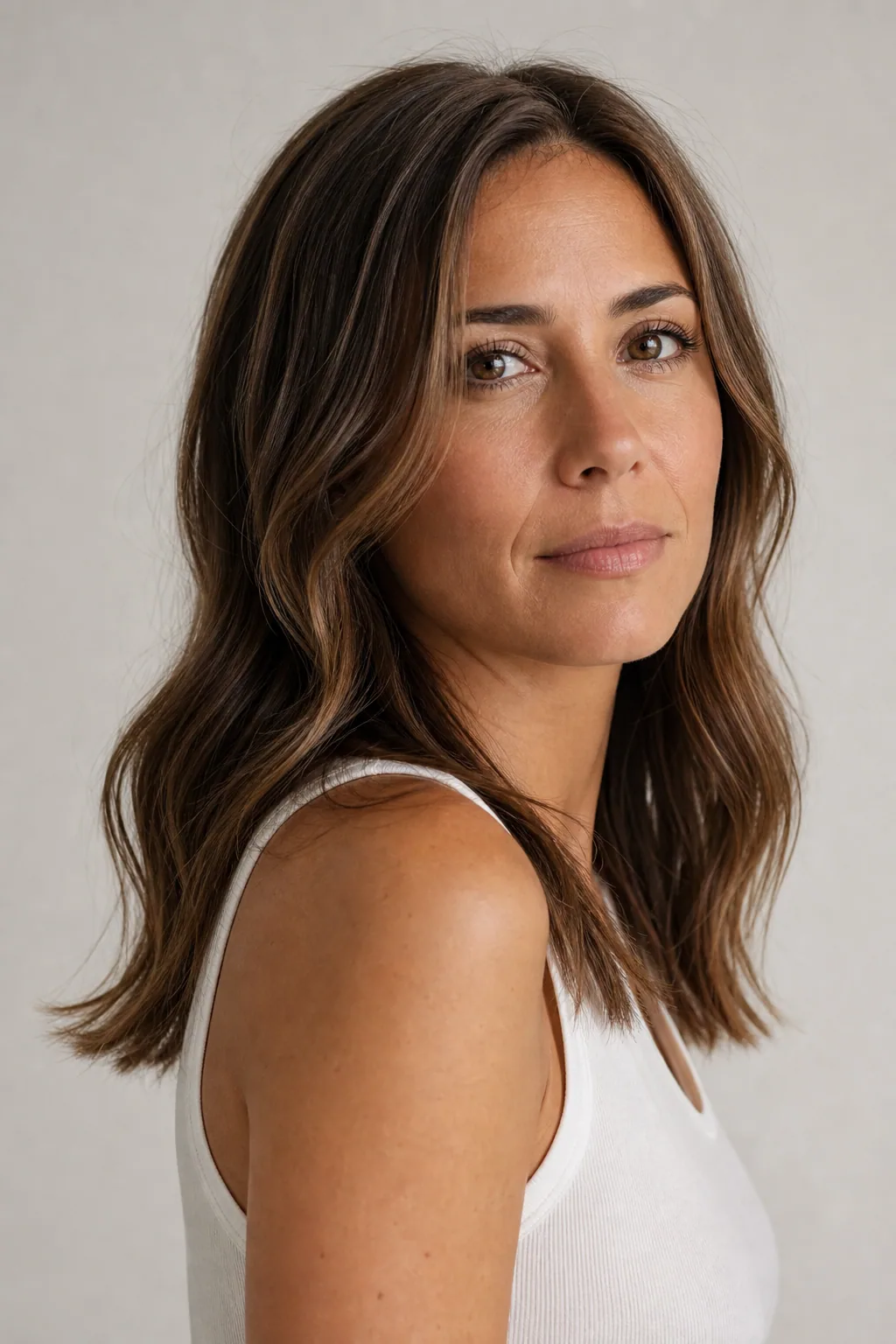 Long fine wavy hair with ghost layers, soft S-waves through the mid-lengths, three-quarter view