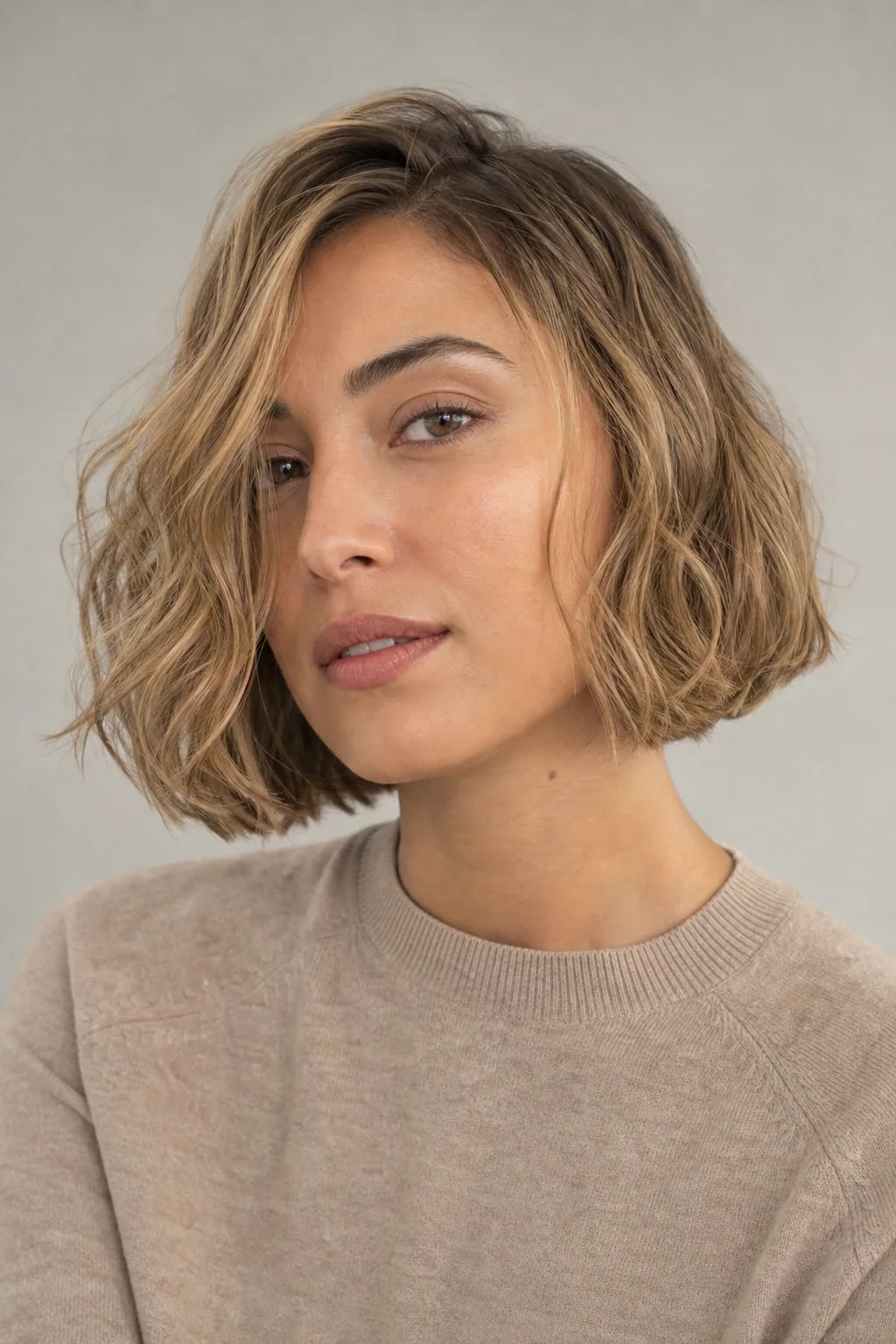 Air-dried wavy Italian bob on fine dark-blond hair