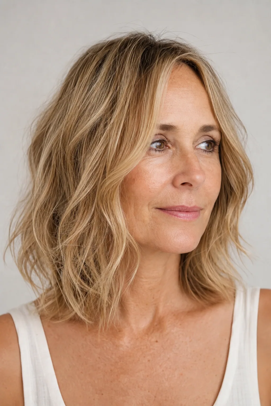 Wavy layered lob with loose bends stacking volume on fine hair