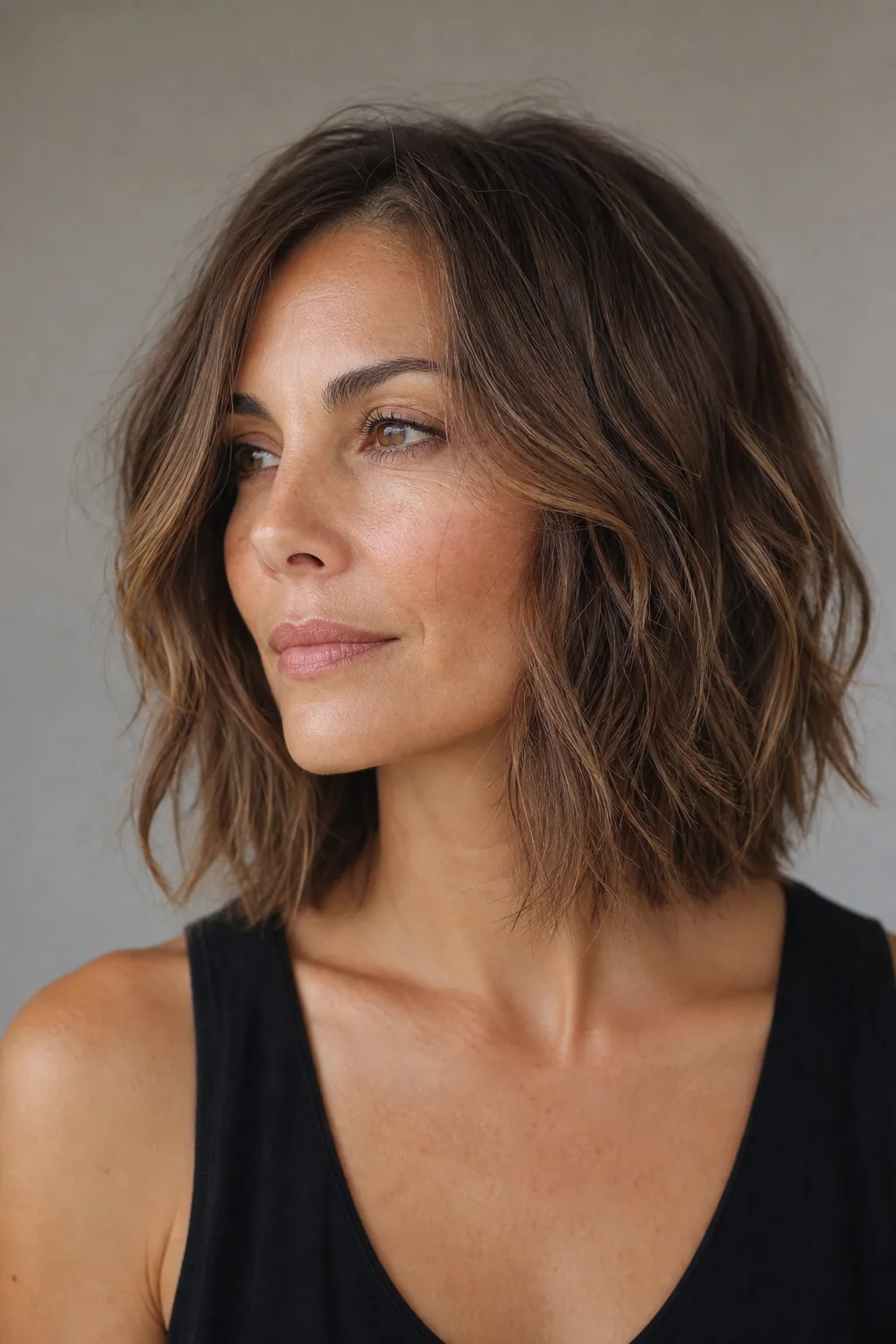 Wavy lob with loose beach waves stacking body on fine hair