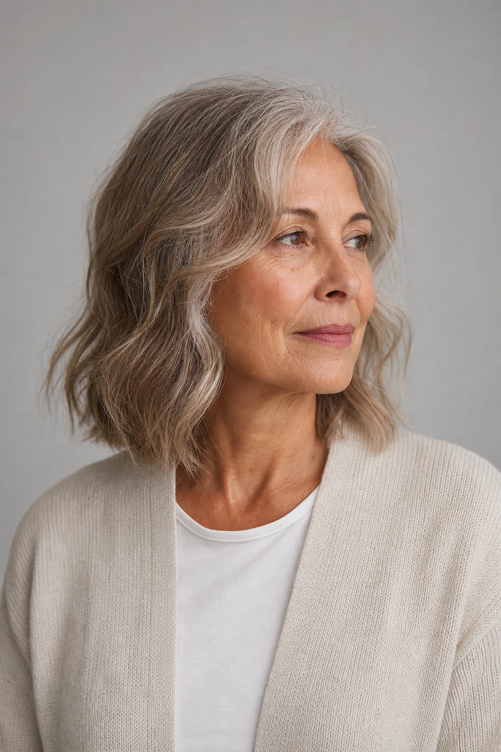 Air-dried wavy lob on fine hair blending brown and silver, woman over 60