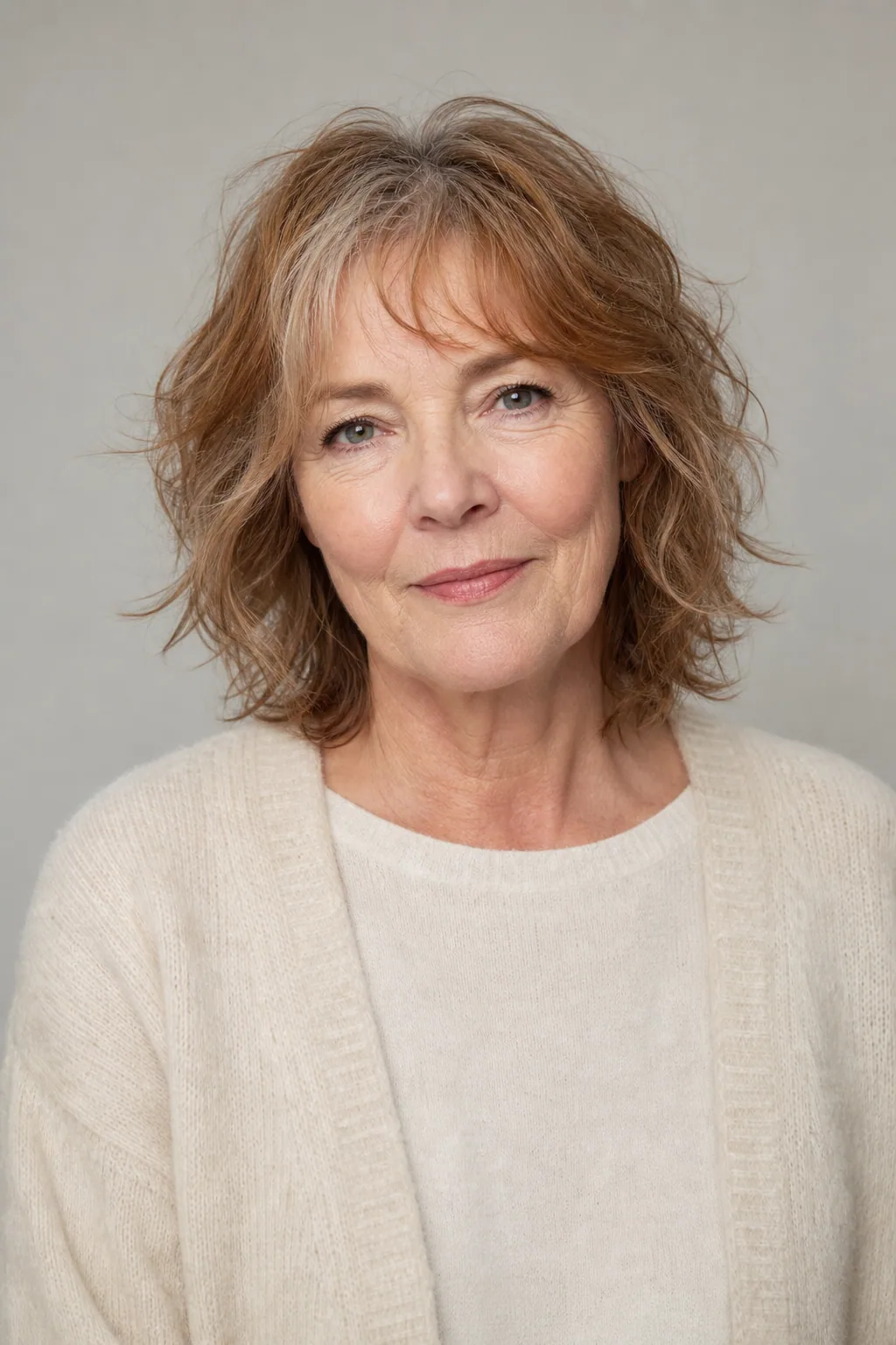 Wavy collarbone shag with a piece-y fringe on fine auburn and gray hair over 60