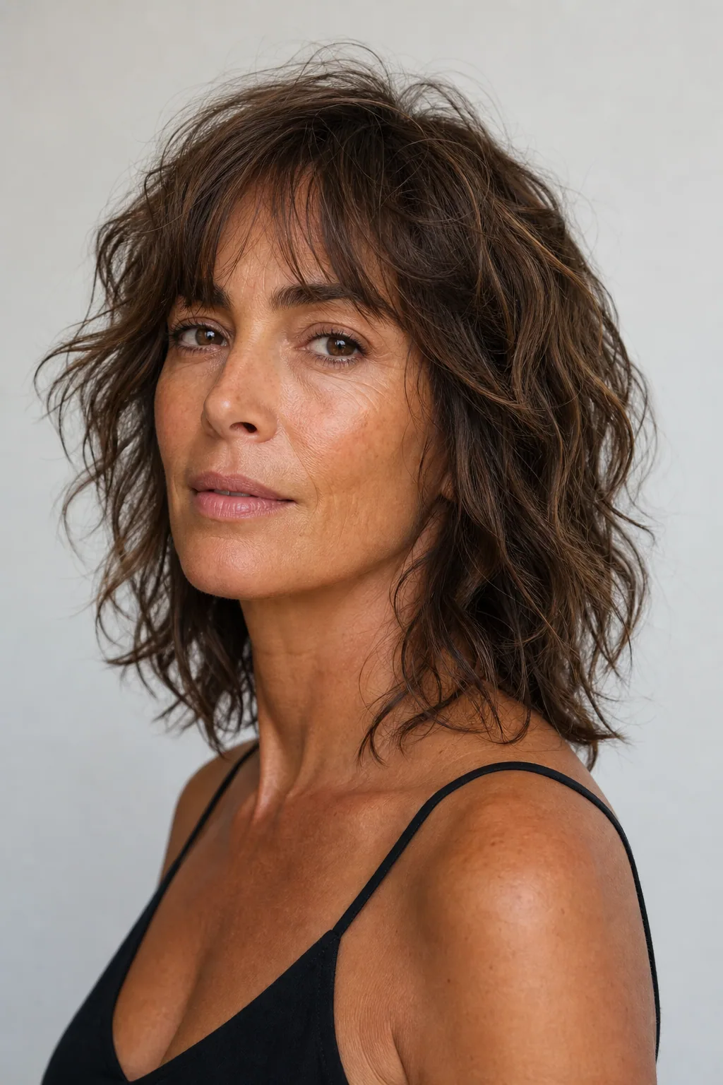 Wavy mid-length shag with loose bends and piled texture on fine wavy hair