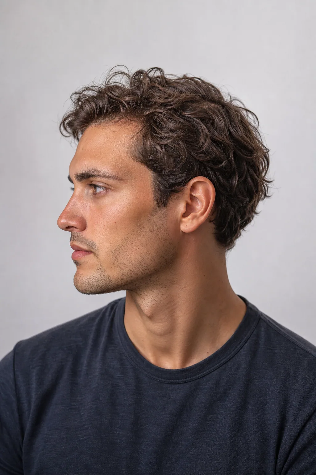 Mid-length wavy top pushed back on a man with thin wavy hair