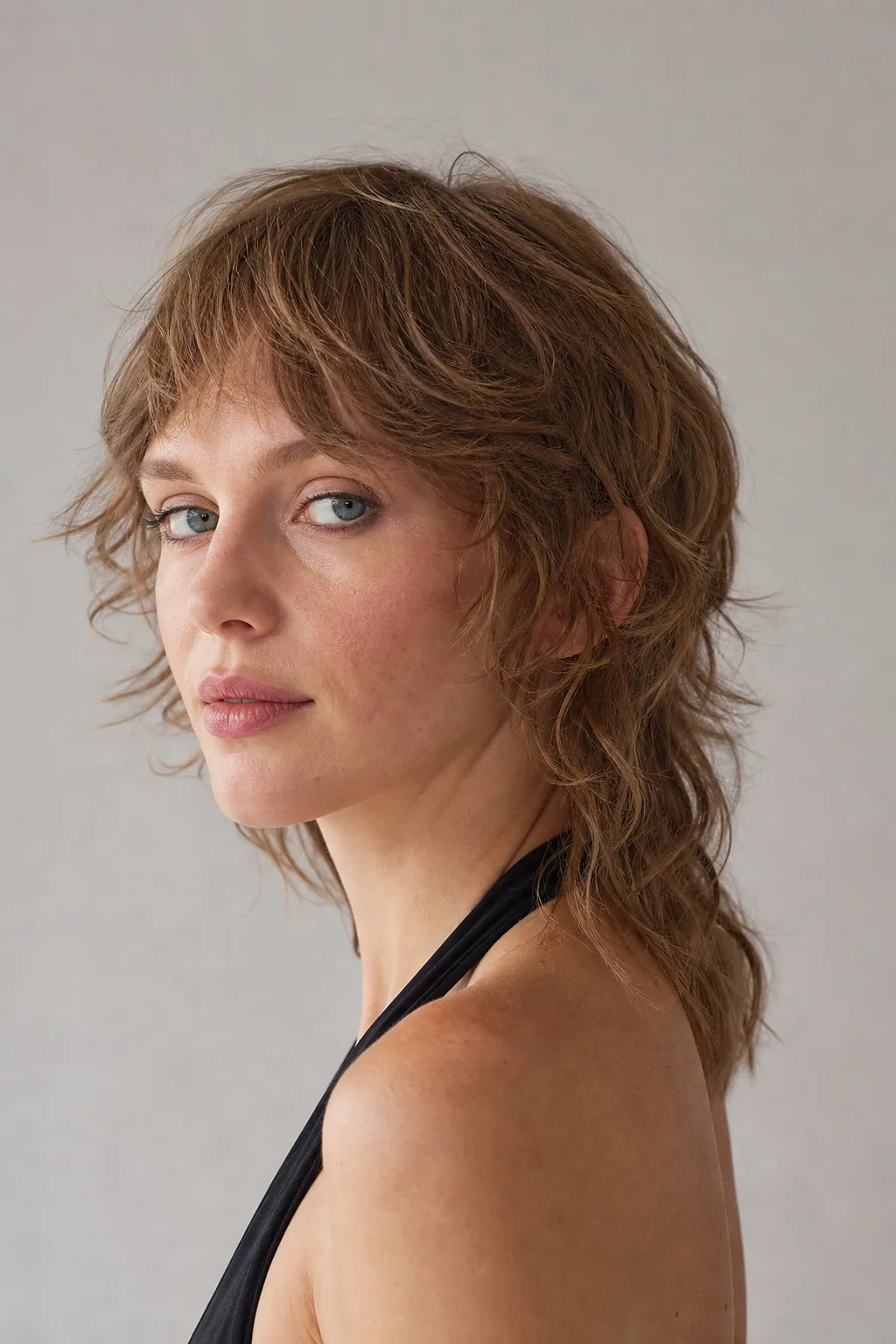Wavy mullet on fine wavy hair, air-dried texture through the crown and tail, three-quarter view