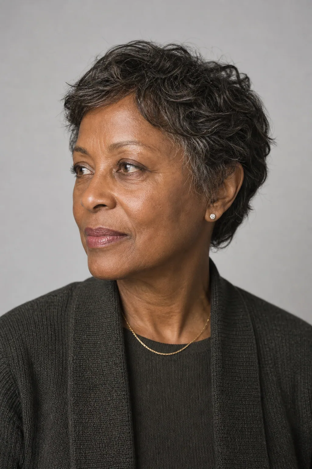 Air-dried wavy pixie on fine dark-brown hair with gray, woman over 60