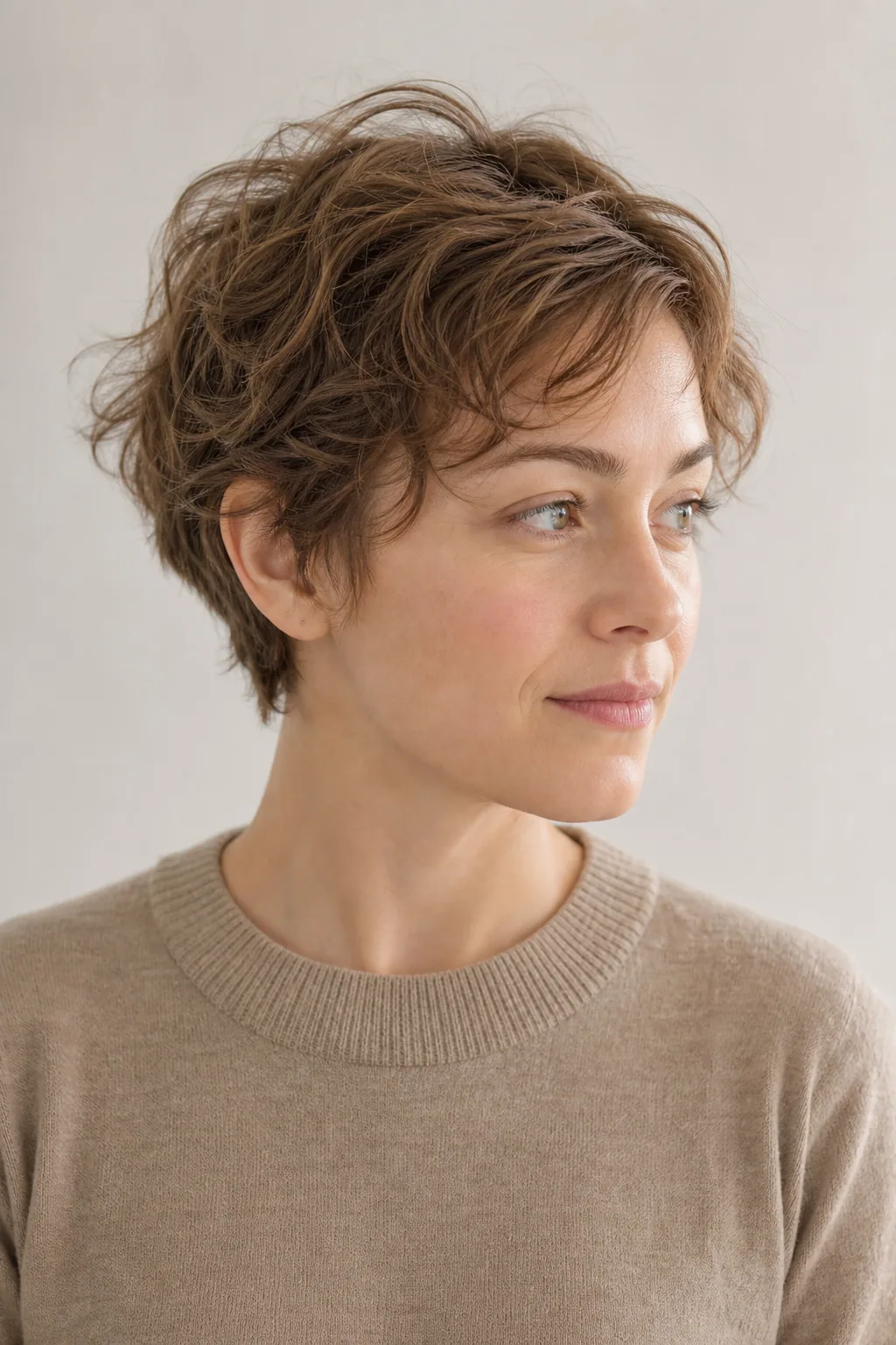 Air-dried wavy pixie on fine light-brown hair