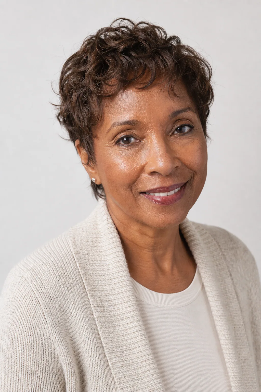 Air-dried wavy pixie on fine dark-brown hair over 50