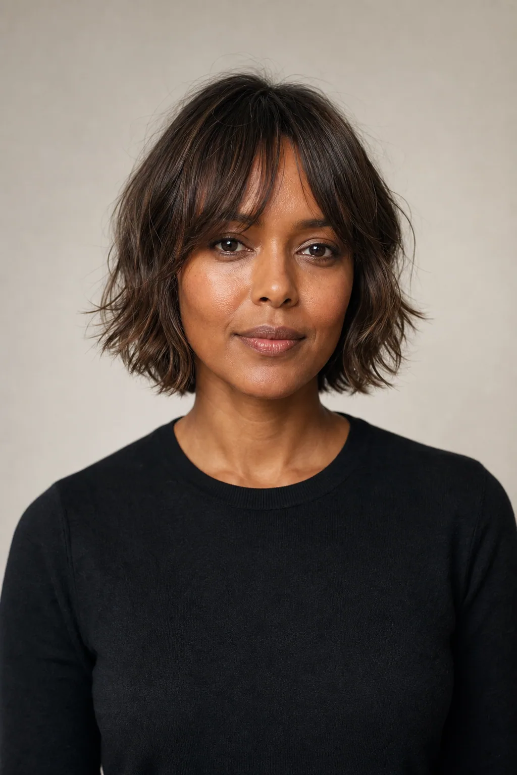 Wavy short shag with curtain bangs on fine brown hair