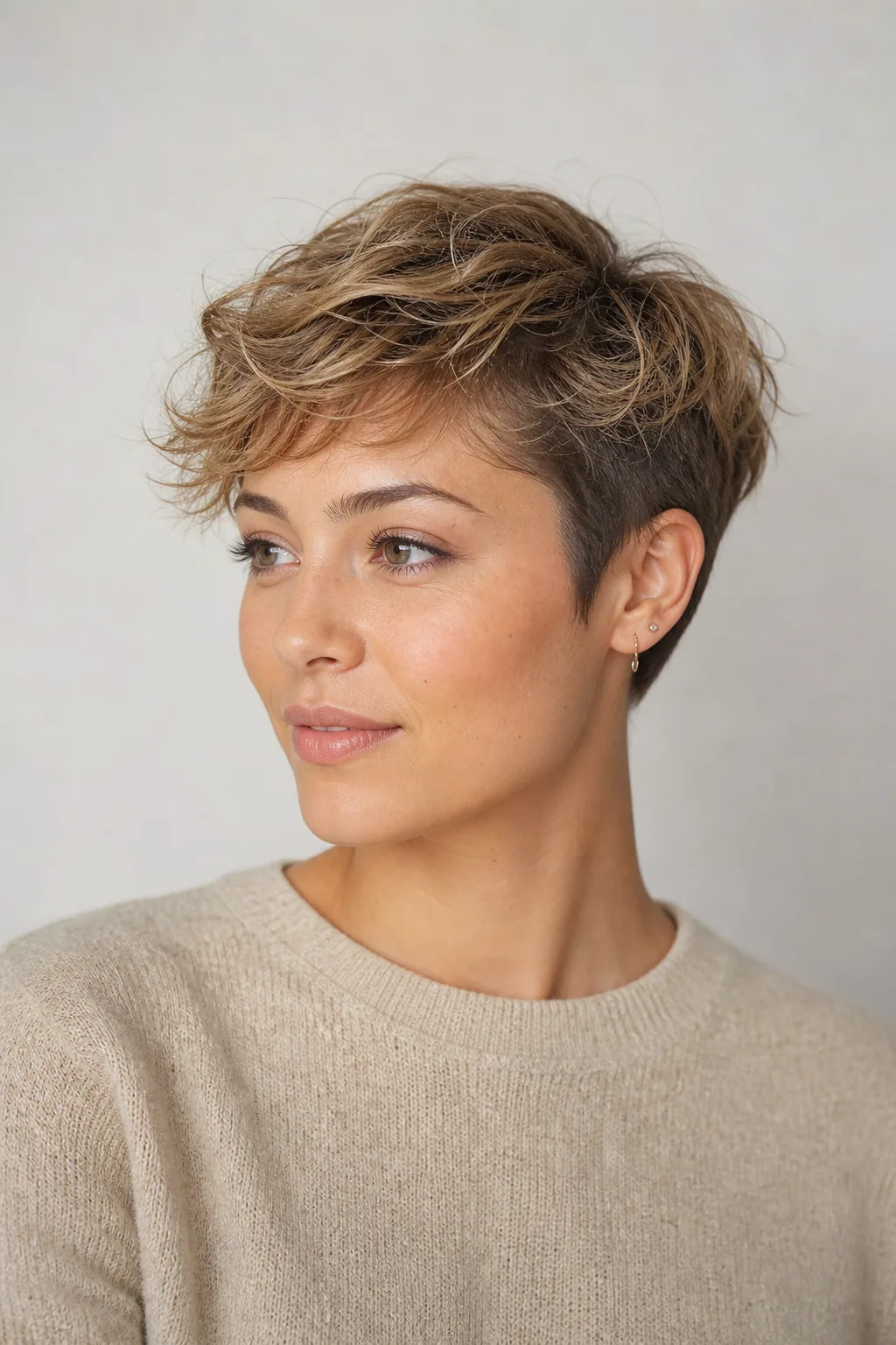 Undercut pixie with soft waves on top on fine wavy hair