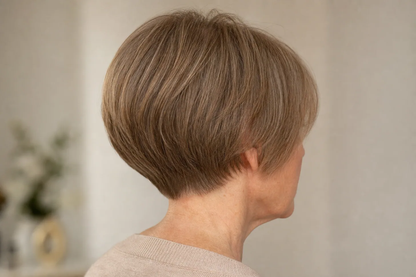 Profile view of a short wedge haircut on fine light brown hair with weight stacked high at the back