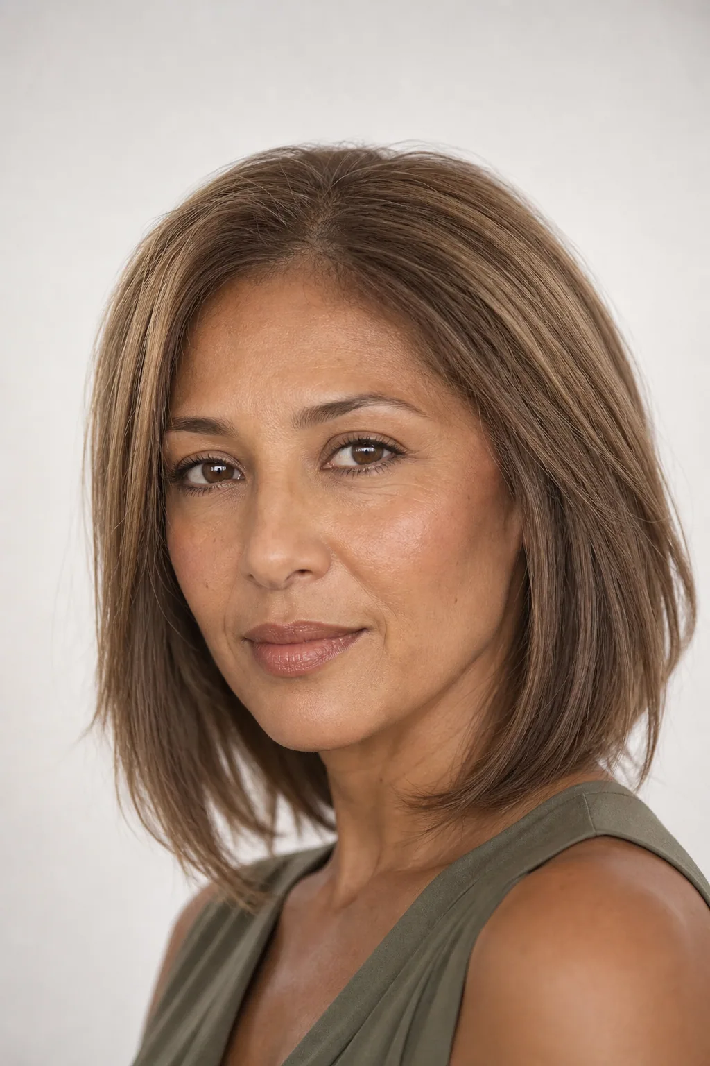 Shoulder-length cut with broad low crown lift rather than a peaked crown on fine straight honey-brown hair, woman with an oval face