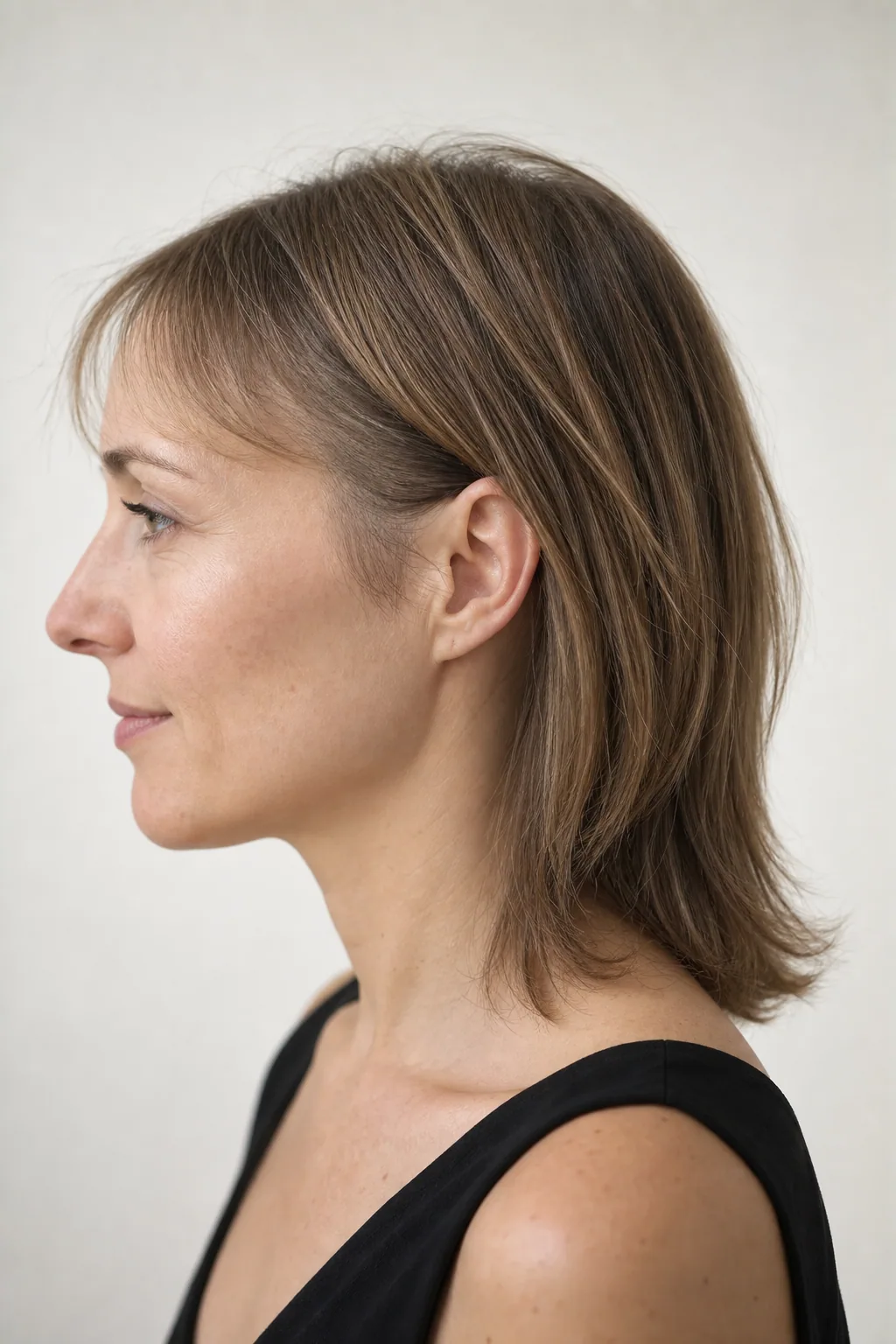 Fine hair at the winging stage after a corrective cut, sides sitting flat against the head, back longer, side view