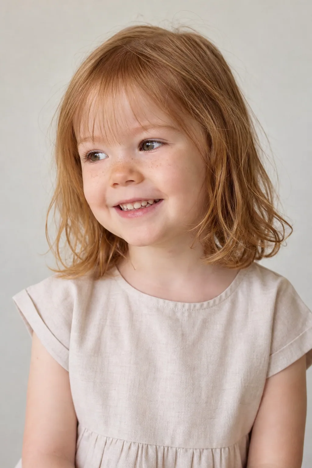 Little girl with wispy bangs and a collarbone-length cut on fine wavy auburn hair