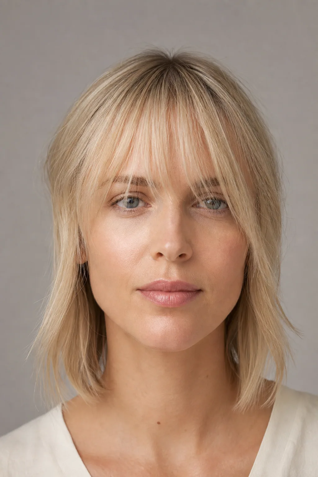 Wispy fringe with a distinctly longer jaw-length face-framing panel behind it, fine blonde hair
