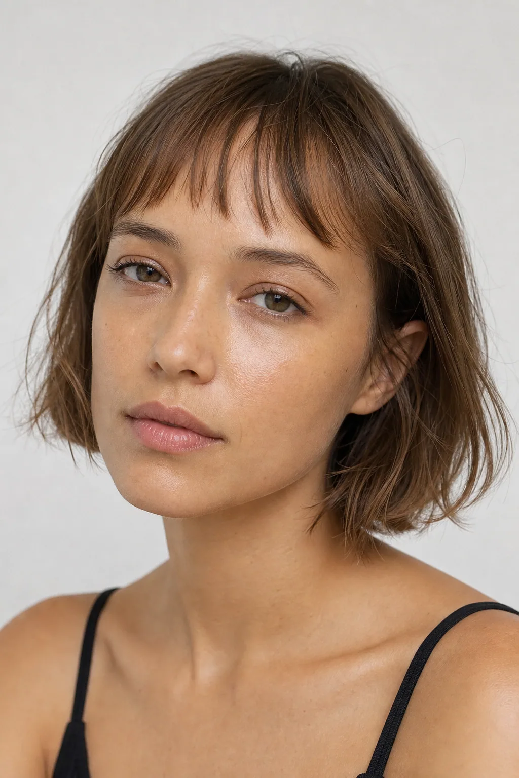 Wispy micro fringe sitting high and soft above the brows on fine light-brown hair, woman with an oval face