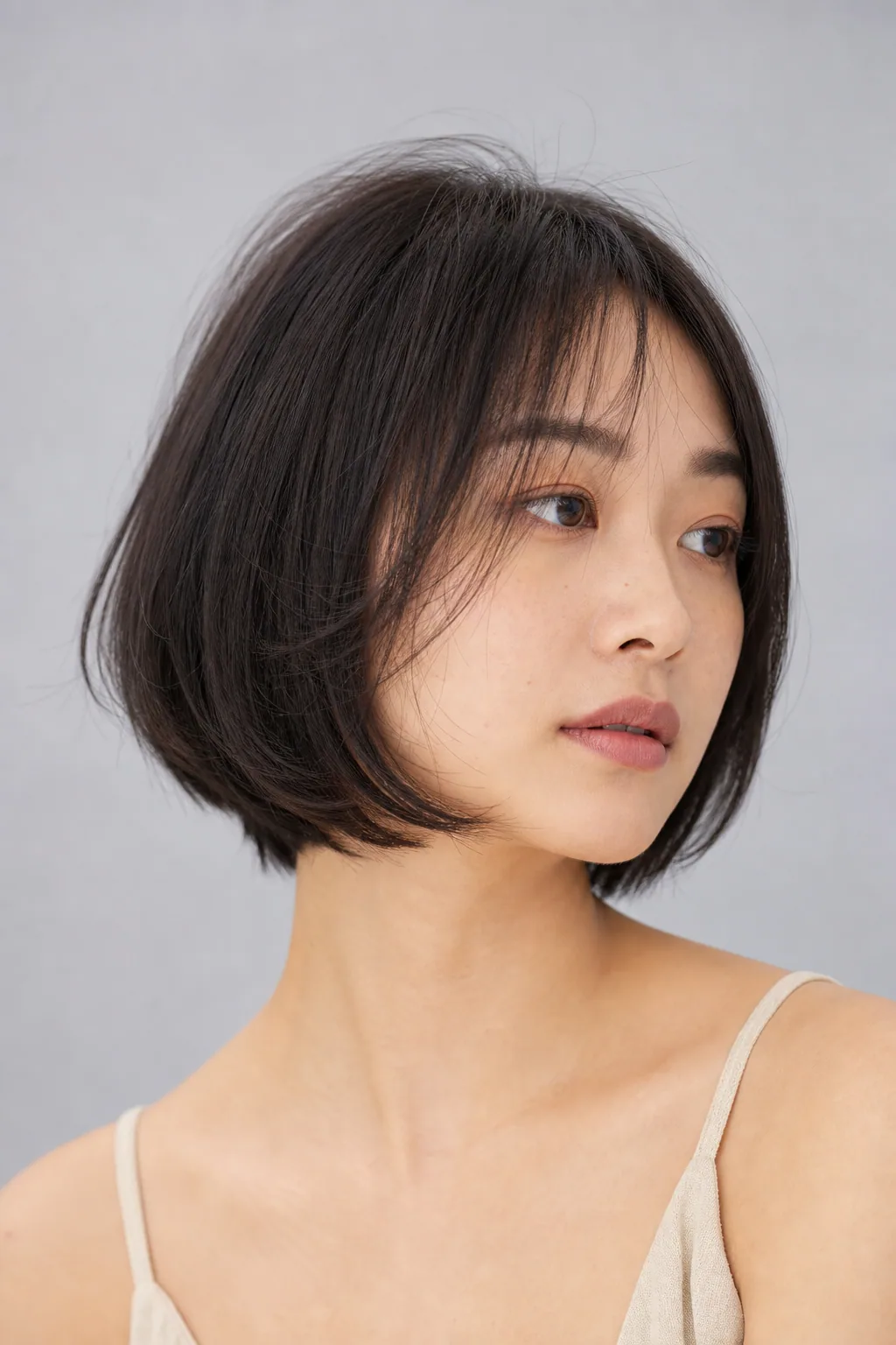 Chin-length layered bob with wispy point-cut ends over a solid shape on fine hair