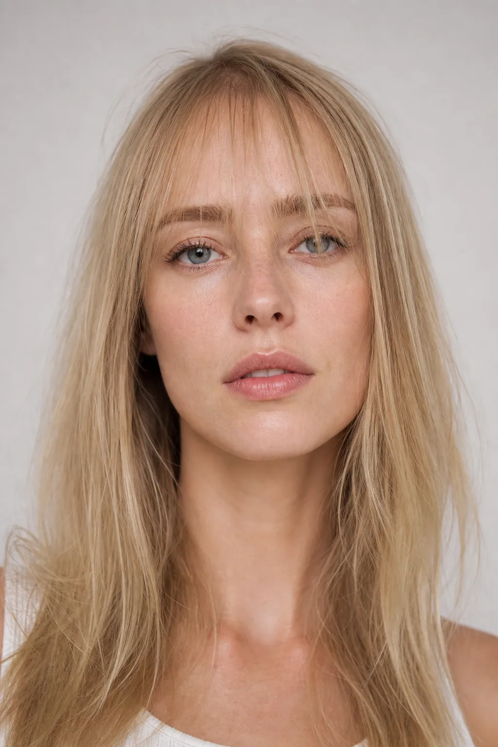 Fine hair with wispy see-through bangs on a long face, showing forehead through the fringe, front view