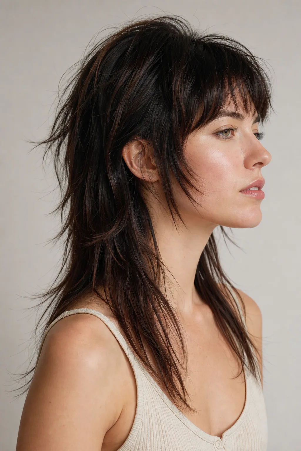 Wolf cut with dramatic crown layers blended into a long shaggy length on fine hair