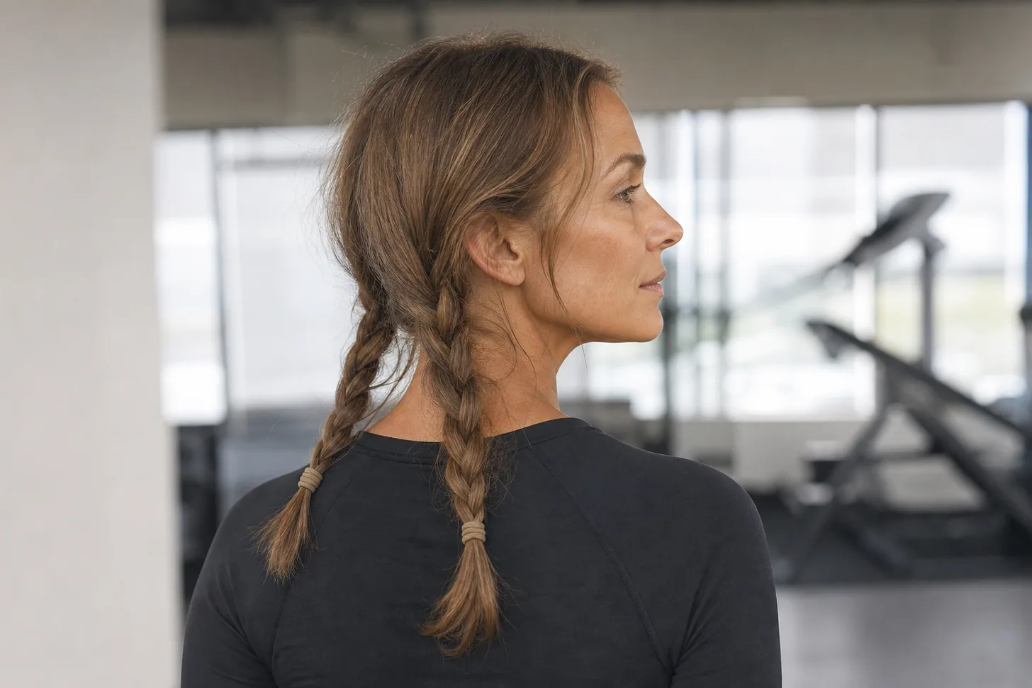 A woman with fine hair in a low double braid, mid-workout in a bright gym