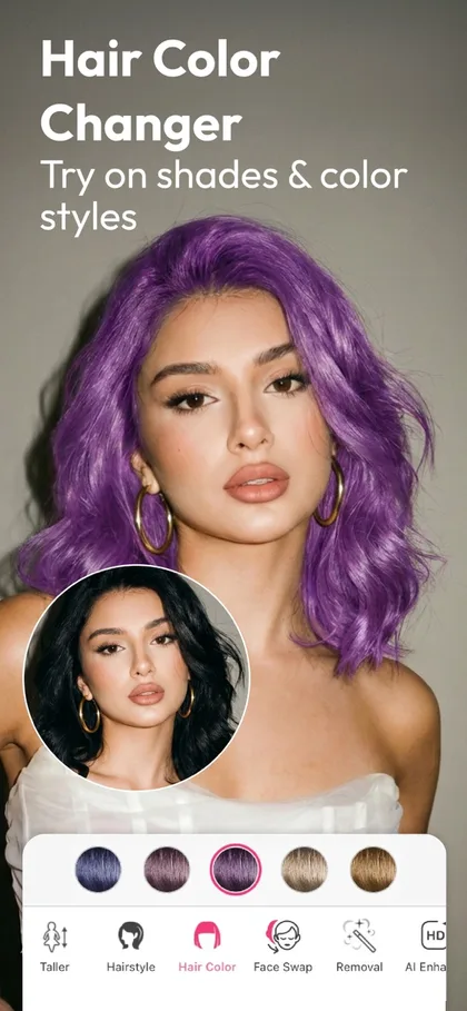 YouCam Makeup Hair Color Changer screen with a model shown in bright purple hair above a row of shade swatches